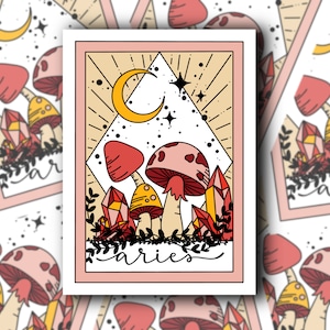 Sternzeichen Tarot Karten Aufkleber | Sternzeichen Widder | Himmlischer Pilz Tattoo Art | Wasserflasche, Autofenster, Laptop, Autoaufkleber,