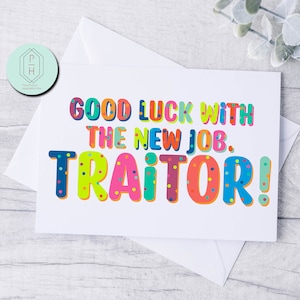 Lustige Karte für neuen Job. Geschenk Für Arbeitsfreund. Von Mitarbeitern, Gruppe, uns. Hell, bunt.