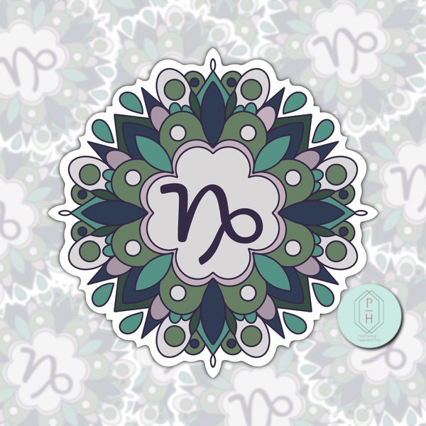 Sticker signe du zodiaque Capricorne | Idée cadeau d'anniversaire signe astrologique | Art du mandala | pour bouteille d'eau, gobelet, ordinateur portable, étui pour téléphone.