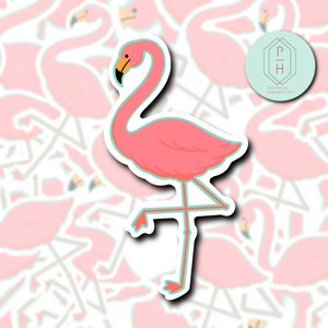 May include: Pink flamingo sticker with a white outline. The flamingo is standing on one leg with its head turned to the side. The sticker is on a background of pink flamingos.