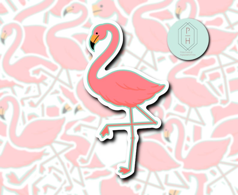 May include: Pink flamingo sticker with a white outline. The flamingo is standing on one leg with its head turned to the side. The sticker is on a background of pink flamingos.