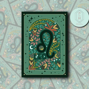 Sternzeichen Tarot Karten Aufkleber | Sternzeichen Löwe | Himmlische Blumen Tattoo Kunst | Für Wasserflasche, Hydroflask, Becher, Becher, Laptop.