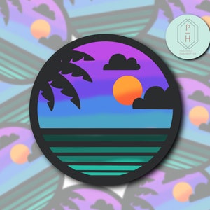 Autocollant rétro soleil et océan. Sticker ordinateur portable lumineux. Hydroflask, bouteille d'eau ou autocollant de gobelet. Vinyle. Résistant à l'eau, options mates
