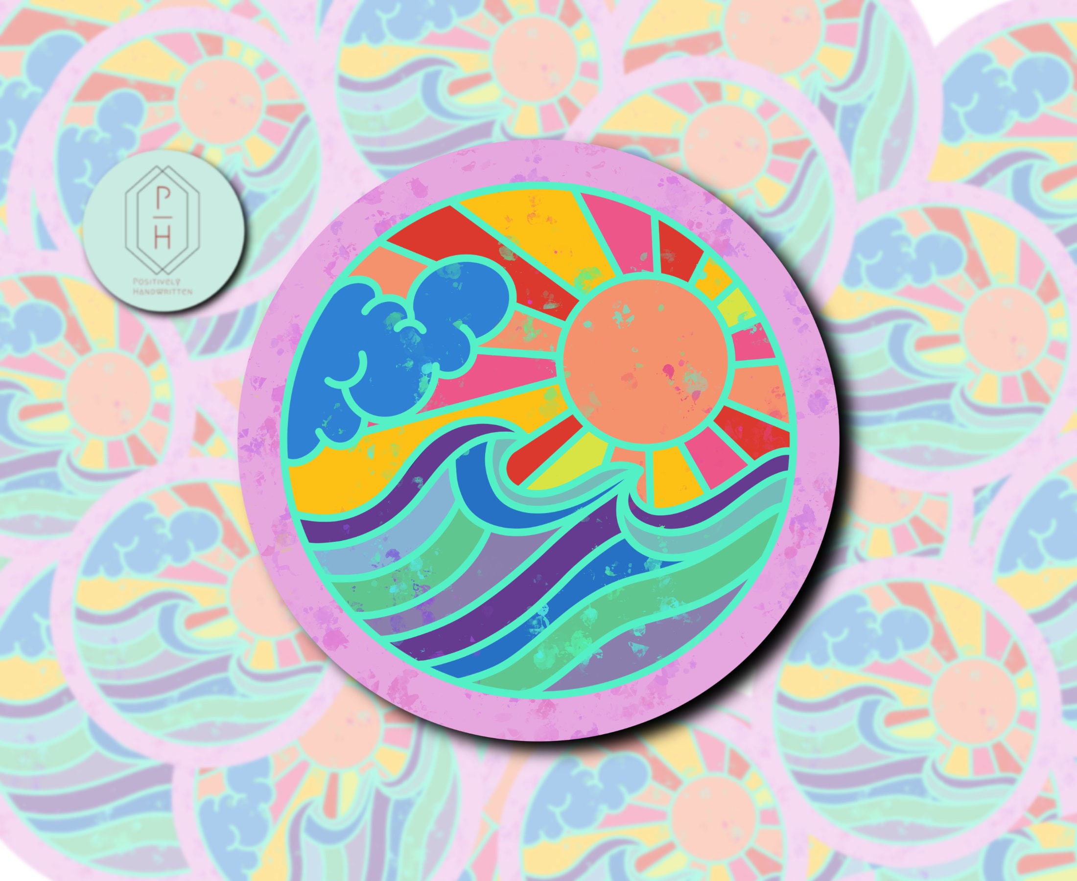 Retro Sun and Bright Ocean Sticker for water bottle. Hydroflask, water bottle or bumper sticker. Water resistant, weatherproof options.