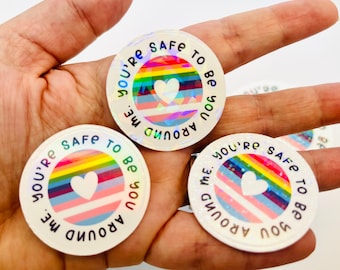 You’re safe with me. Ally sticker | Holographic Progress Pride Flag, Trans flag | LGBTQ+ Decal | Pride | Ally |