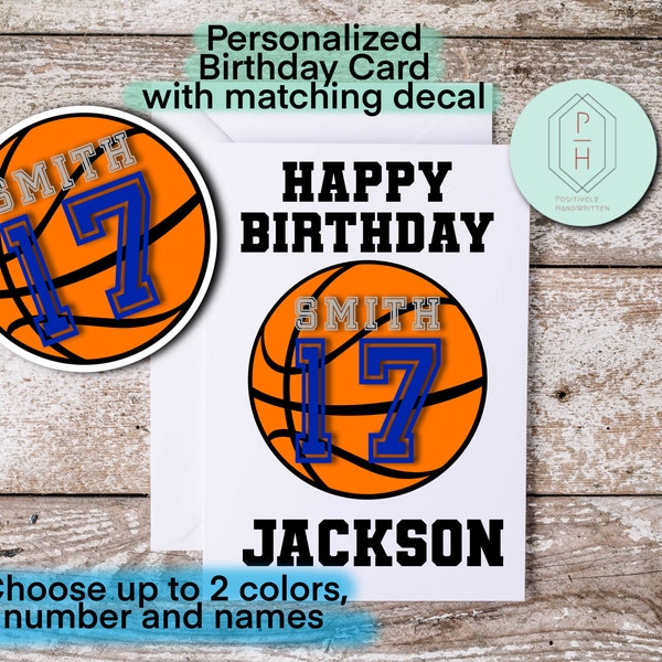 Basketball- Personalized Birthday Card. With Sticker. Handmade, hand-lettered, unique greeting card. Gift for her or him.