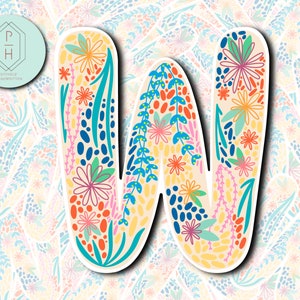 Adesivo floral inicial W. Decalque do monograma da letra W. Para Hydroflask, garrafa de água, adesivo de copo. Opções à prova de intempéries e resistentes à água