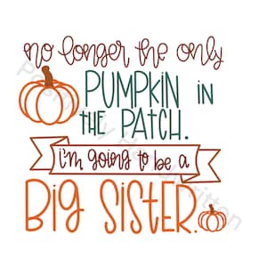 Puede incluir: Texto naranja y verde sobre un fondo blanco que dice "no longer the only PUMPKIN IN THE PATCH. I'm going to be a BIG SISTER." con una ilustración de calabaza naranja a cada lado del texto.