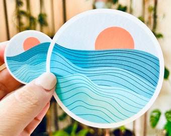 Sun and Ocean Sticker. Laptop Decal. Hydroflask, water bottle or bumper sticker. Vinyl. Water resistant, Matte Options