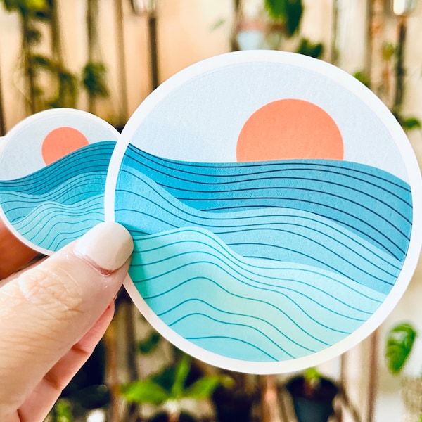 Sun and Ocean Sticker. Laptop Decal. Hydroflask, water bottle or bumper sticker. Vinyl. Water resistant, Matte Options