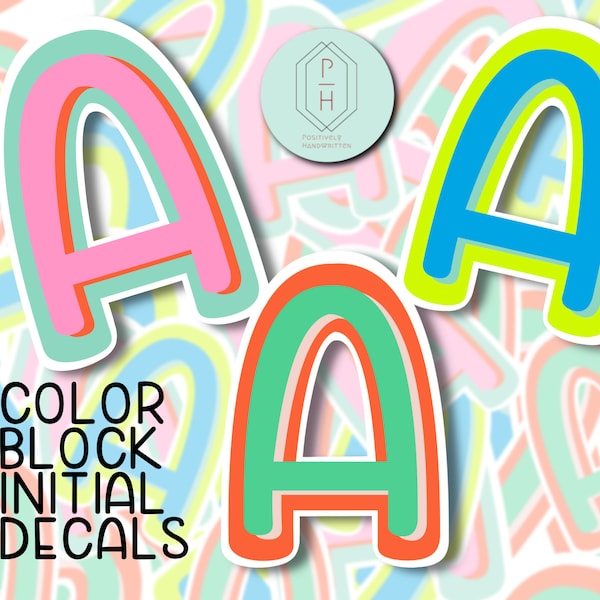 Color Block Initial Stickers. Laptop Decal. For Hydroflask, Water bottle, phone case. Matte, Glossy, Vinyl.