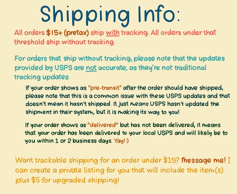 Puede incluir: Gr&aacute;fico turquesa con las palabras "Shipping Info:" en una fuente l&uacute;dica. El texto explica las pol&iacute;ticas de env&iacute;o, incluido el seguimiento para pedidos superiores a 15 $ y posibles retrasos con las actualizaciones de USPS. Tambi&eacute;n ofrece opciones de env&iacute;o mejoradas.
