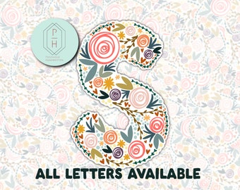 Floral Initial S Sticker. Die Cut Letter S Monogram Decal. For Hydroflask, Water bottle, tumbler sticker.