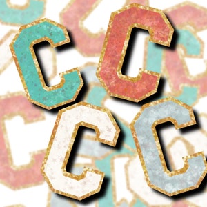 May include: Four gold glitter letter C's with a white, teal, and pink background. The letters are in a varsity style font.