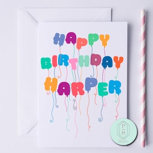 Cartão de aniversário personalizado. Balões. Personalizado. Feito à mão, com letras à mão, cartão de felicitações exclusivo. Presente para ela ou ele. Te amo