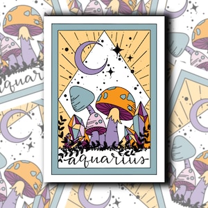 Sticker carte de tarot signe du zodiaque | Signe astrologique Verseau | Art de tatouage de champignon céleste | pour bouteille d'eau, fenêtre de voiture, ordinateur portable, pare-chocs