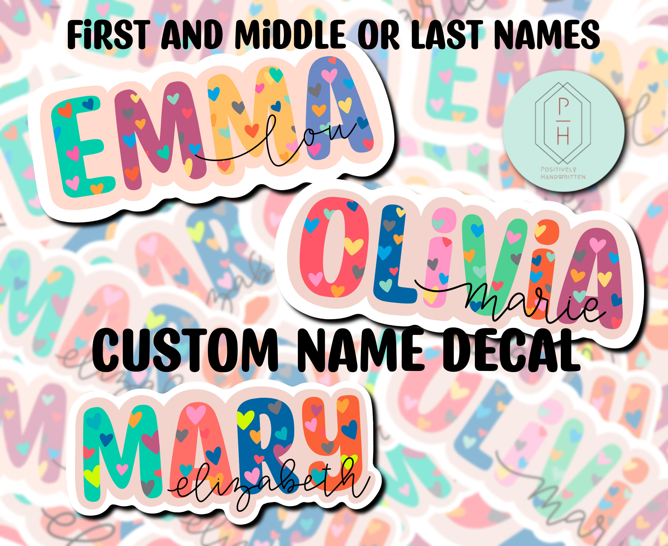 Custom Name Stickers | First and Middle, Last Names | Hearts Water bottle sticker | Name Labels | Personalized Gifts