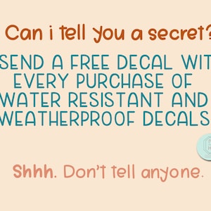 May include: Text on a light peach background reads "Can I tell you a secret? I send a free decal with every purchase of water resistant and weatherproof decals. Shhh. Don't tell anyone." A light blue circle with a white "PH" logo is in the bottom right corner.