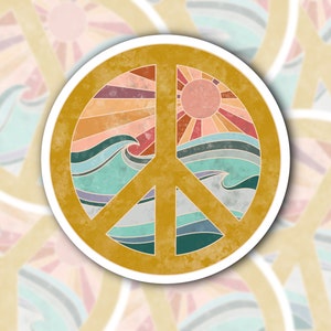 Autocollant rétro soleil et océan. Sticker pour ordinateur portable signe de paix. Hydroflask, bouteille d'eau ou autocollant de pare-chocs. Vinyle. Résistant à l'eau, options mates