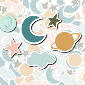 Neutral Aesthetic Celestial Space, Moon, Stars, Planet Stickers.  Set of 5 Laptop Decals. Hydroflask, water bottle or tumbler stickers.