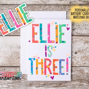 Personalisierte Karte zum 3.Geburtstag für Mädchen. Mit Aufkleber. Handgemachte, von Hand hergestellte, einzigartige Grußkarte. Geschenk zum 3.Geburtstag.  Hab dich lieb