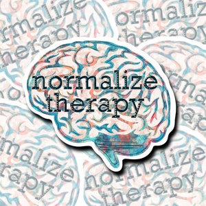 May include: A sticker with a colorful brain illustration and the text "normalize therapy" in black lettering.