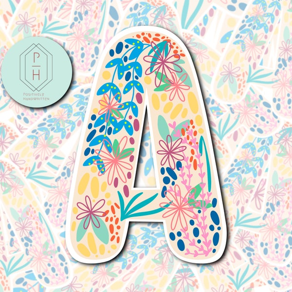 Floral Initial A Sticker. Letter A Monogram Decal. For Hydroflask, Water bottle, tumbler sticker. Water resistant, weatherproof options