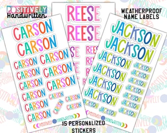 Pegatinas personalizadas con nombre: Calcomanías coloridas para la escuela y botellas de agua.