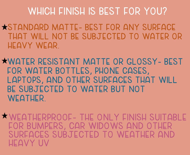 May include: A pink background with white text explaining the different types of finishes for a product. The text reads: "Which finish is best for you?"  "Standard Matte - Best for any surface that will not be subjected to water or heavy wear."  "Water Resistant Matte or Glossy - Best for water bottles, phone cases, laptops, and other surfaces that will be subjected to water but not weather."  "Weatherproof - The only finish suitable for bumpers, car widows and other surfaces subjected to weather and heavy UV."