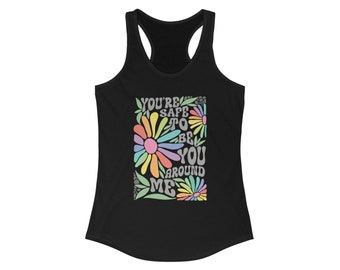 Camiseta sin mangas con espalda nadadora LGBTQ Ally: diseño floral retro de espacio seguro
