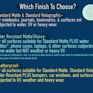 以下が含まれることがあります： 「Which Finish To Choose?」というテキストと、Standard Matte & Holographic、Water Resistant Matte/Glossy、Weatherproofの仕上げに関する詳細が記載された、濃い青色のグラフィック。ノートや車の窓など、さまざまな表面に使用できます。
