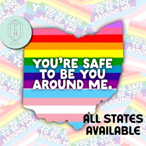 May include: A rainbow and transgender pride flag shaped like the state of Ohio with the text "You're safe to be you around me." and "All states available".