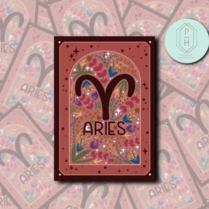 Zodiac Sign Tarot Card Decal | Aries Astrological Sign | Celestial Floral Tattoo Art | For water bottle, Hydroflask, tumbler, mug, laptop.