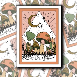 Calcomanía de la tarjeta del tarot del signo del zodiaco / Signo astrológico de Virgo / Arte del tatuaje de hongos celestiales / Pegatina para botella de agua, computadora portátil, vaso.