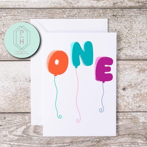 Uno- Biglietto di auguri per il primo compleanno. Palloncini. Biglietto di auguri per un compleanno importante. Biglietto di auguri unico, illustrato e fatto a mano. Regalo per bambino o bambina. Ti amo.