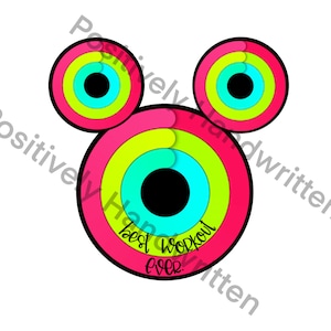May include: A pink, green, and blue circular design with concentric circles and a black center. The design is shaped like Mickey Mouse ears and says "Best Workout Ever".