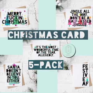 Lot de cartes de Noël amusantes. Paquet de 5. Carte de voeux faite main et unique. Cadeau pour elle ou pour lui.  Je t'aime