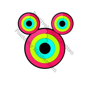 Op de afbeelding: Een kleurrijk grafisch ontwerp met twee cirkels, een roze, geel en groen, en de andere blauw, groen en geel. De cirkels zijn gerangschikt in de vorm van Mickey Mouse. De tekst "Positively Handwritten" staat rond de cirkels.