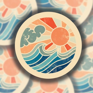 Retro Sun and Ocean Sticker. Laptop Decal. Hydroflask, water bottle or bumper sticker. Vinyl. Water resistant, Matte Options