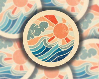 Retro Sun and Ocean Sticker. Laptop Decal. Hydroflask, water bottle or bumper sticker. Vinyl. Water resistant, Matte Options