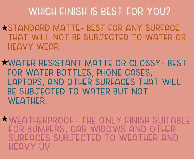 Puede incluir: Un gr&aacute;fico de color melocot&oacute;n con el texto "WHICH FINISH IS BEST FOR YOU?" seguido de descripciones de acabados mate est&aacute;ndar, mate o brillante resistente al agua y resistente a la intemperie, con sus mejores usos.