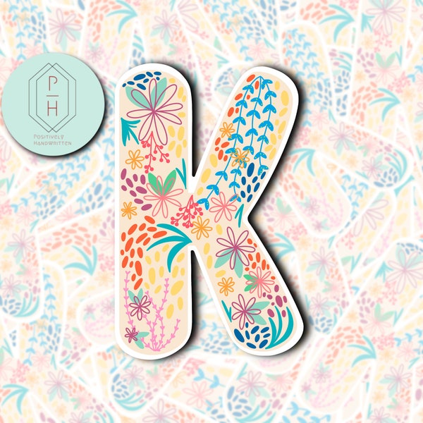 Floral Initial K Sticker. Letter K Monogram Decal. For Hydroflask, Water bottle, tumbler sticker. Water resistant, weatherproof options