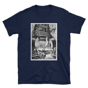 May include: A black and white illustration of a large industrial hammer striking a piece of metal. Workers are shown around the hammer, some looking up at the hammer and others working on the metal.