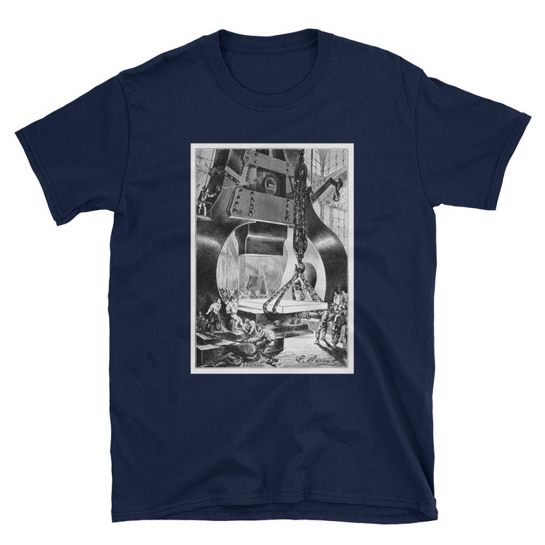 May include: A black and white illustration of a large industrial hammer striking a piece of metal. Workers are shown around the hammer, some looking up at the hammer and others working on the metal.