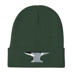 May include: A dark green knit beanie with a white and gray anvil graphic on the front.