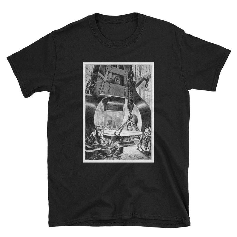 May include: Black and white illustration of a large industrial hammer striking a piece of metal. Workers are shown in the background.