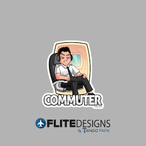 May include: A cartoon illustration of a pilot wearing headphones and a uniform sitting in an airplane seat. The text "COMMUTER" is below the image. The text "FLITEDESIGNS by TANGO PAPA" is below the image.