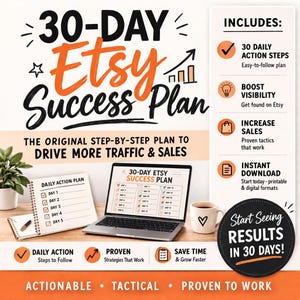May include: An Etsy success plan graphic with the text "30-Day Etsy Success Plan." The image includes a laptop, notebook, coffee cup, and the words "Start Seeing Results in 30 Days!" The plan promises to drive traffic and sales.