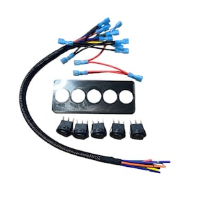 May include: A set of four black rocker switches with wiring and a black plastic panel with four circular cutouts. The wiring includes a black wire with blue, red, yellow, and orange wires coming out of it.