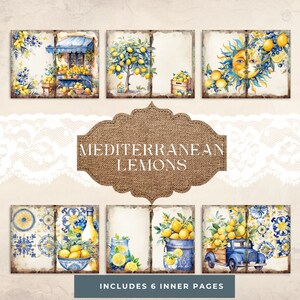 May include: Six printable pages featuring watercolour illustrations of lemons, lemon trees, and other Mediterranean-themed imagery. The pages are designed for use in a planner or journal. The text "Mediterranean Lemons" and "Includes 6 Inner Pages" is included on the image.